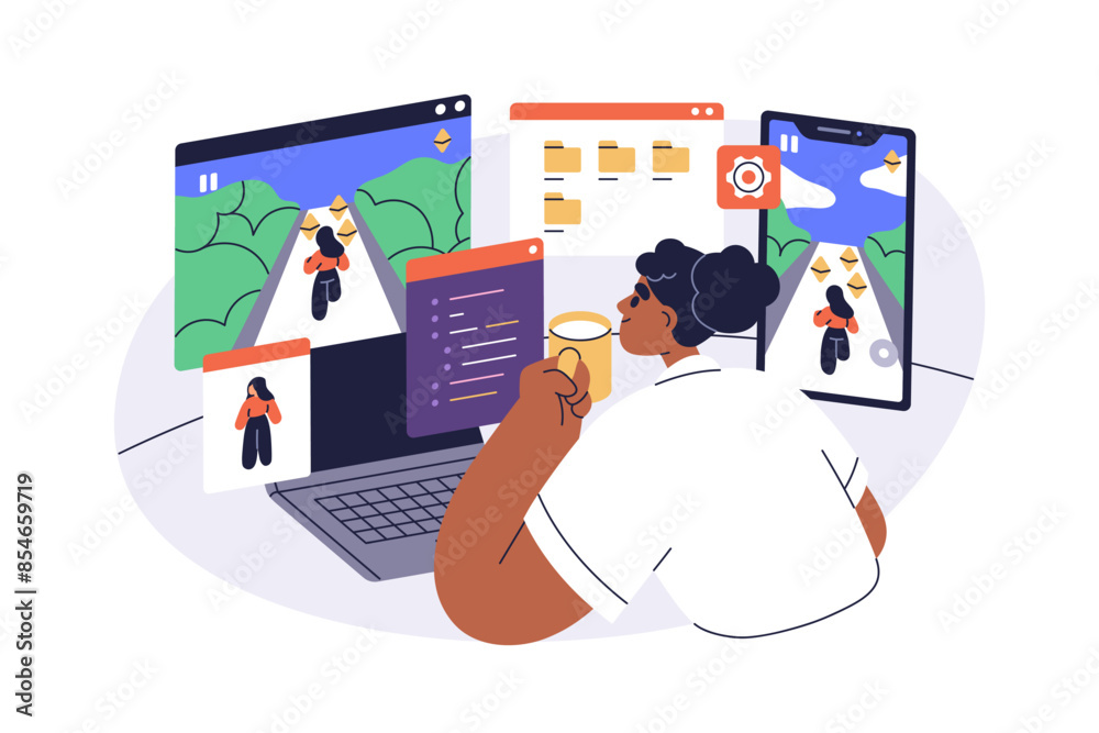 Fototapete Video game developer designing characters and animations. Designer, creator works at computer, coding and developing digital entertainment. Flat vector illustration isolated on white background