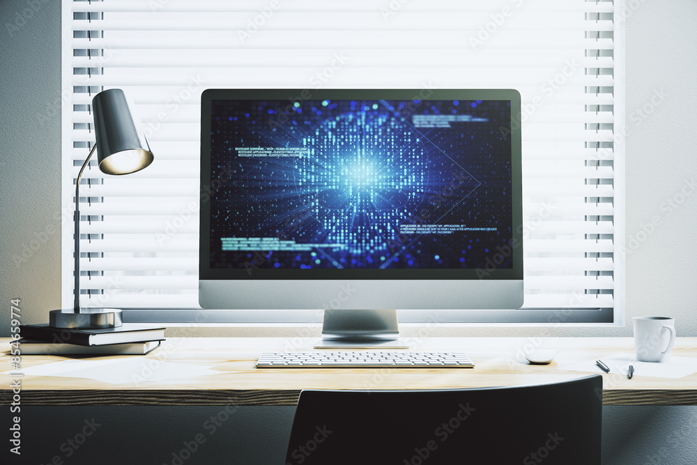 Leinwandbilder creative code skull hologram on modern computer monitor, cybercrime and hacking concept. 3d renderin