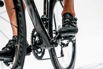 Naklejka premium A close-up view of a cyclists legs and bike components, showcasing the details