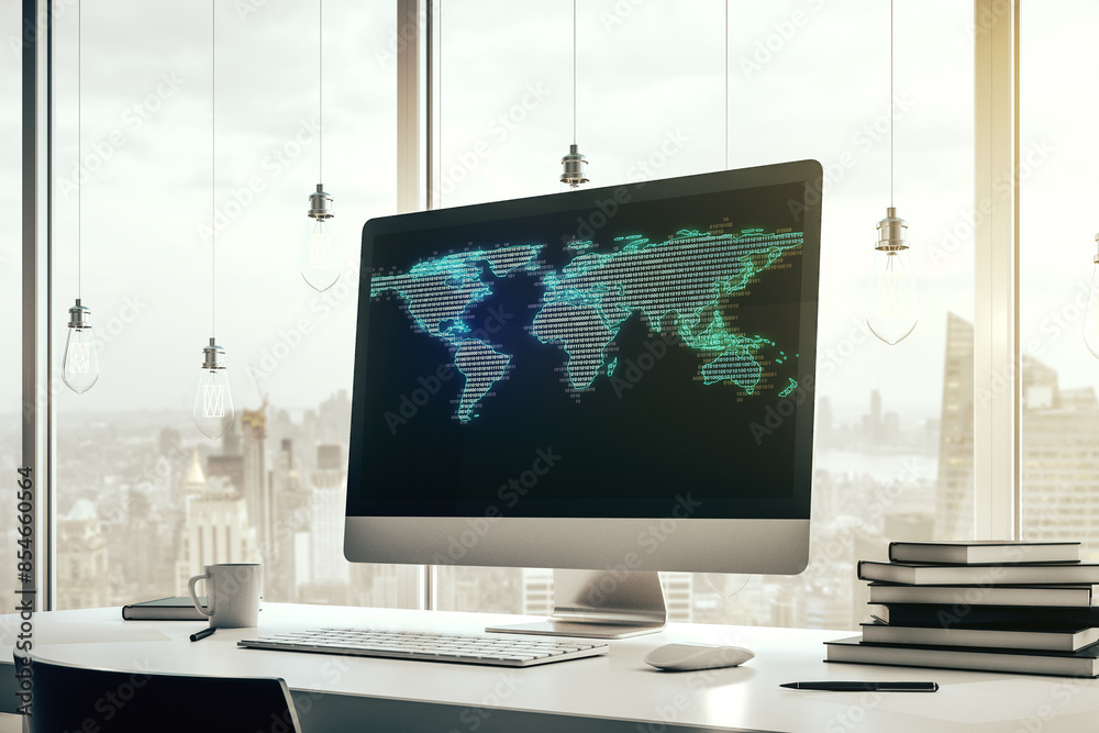 Fototapete computer monitor with abstract creative digital world map, globalization concept. 3d rendering