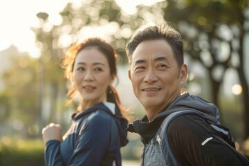 A close-up shot of a middle-aged Asian couple, dressed in athletic wear, stretching together in their urban neighborhood before a morning jog