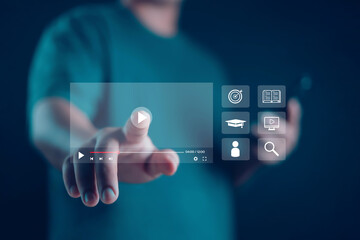 Businessman watching online live stream, live streaming video on internet, studying online, digital multimedia player concept