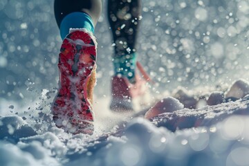 A closeup of a runners legs in brightly colored athletic shoes as they run through freshly fallen snow