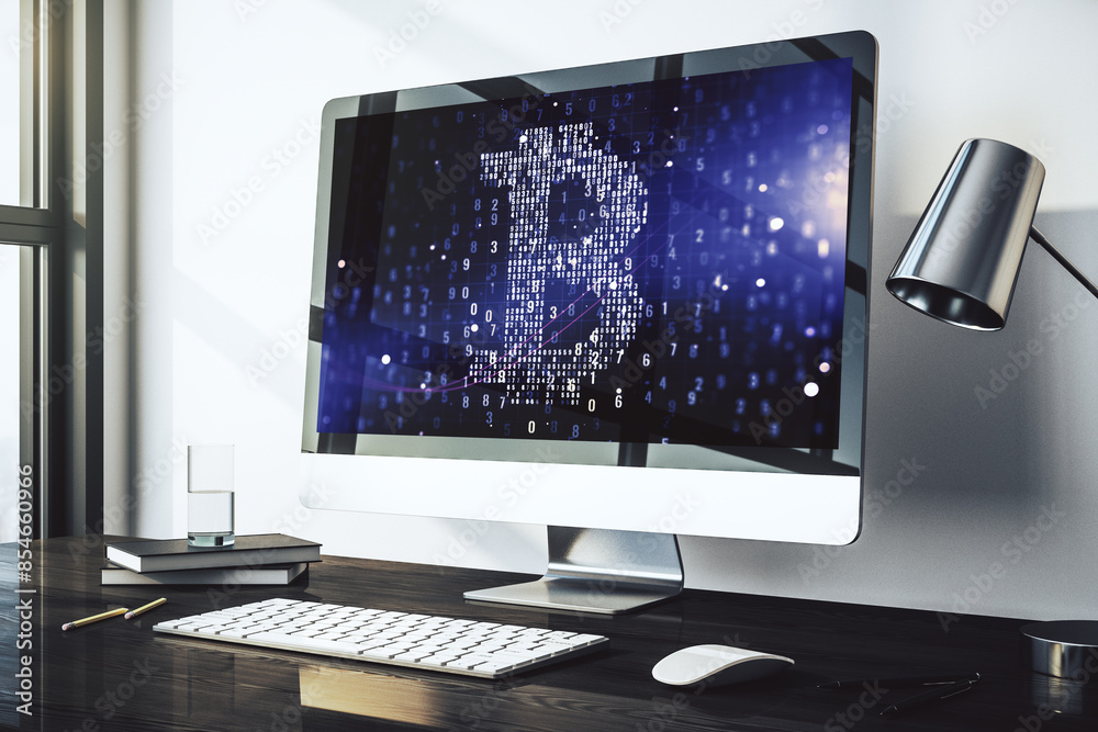 Poster creative bitcoin concept on modern laptop screen. 3d rendering