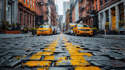 A view down a narrow street in New York City, showing two yellow taxis parked on the cobblestone...