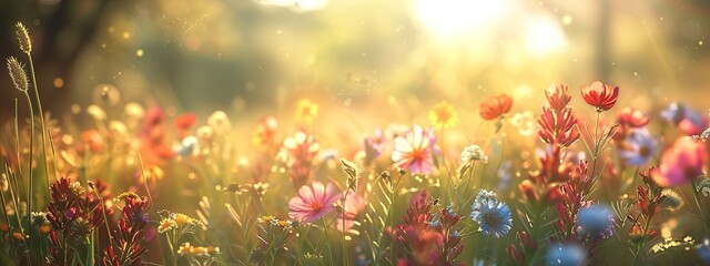 Vibrant summer meadow full of wildflowers and bathed in soft, warm morning sunlight.