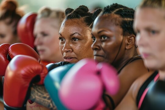 A close-up photograph of a diverse group of women wearing boxing gloves during an indoor boxing class