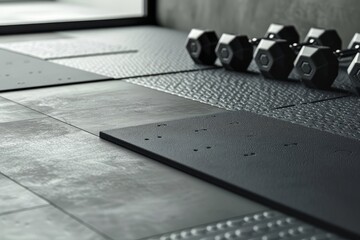 A close-up of a clean and organized gym corner featuring dumbbells resting on a textured floor mat