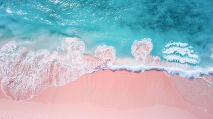 Top view of amazing pastel pink blue beach , copy space available, beautiful beach with pink water and pink sand, summer, water