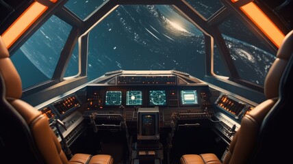 Futuristic spaceship cockpit interior with a view of space station and stars. A large spaceship window show view of space and modern cockpit with control panel with glowing light. Technology. AIG35.