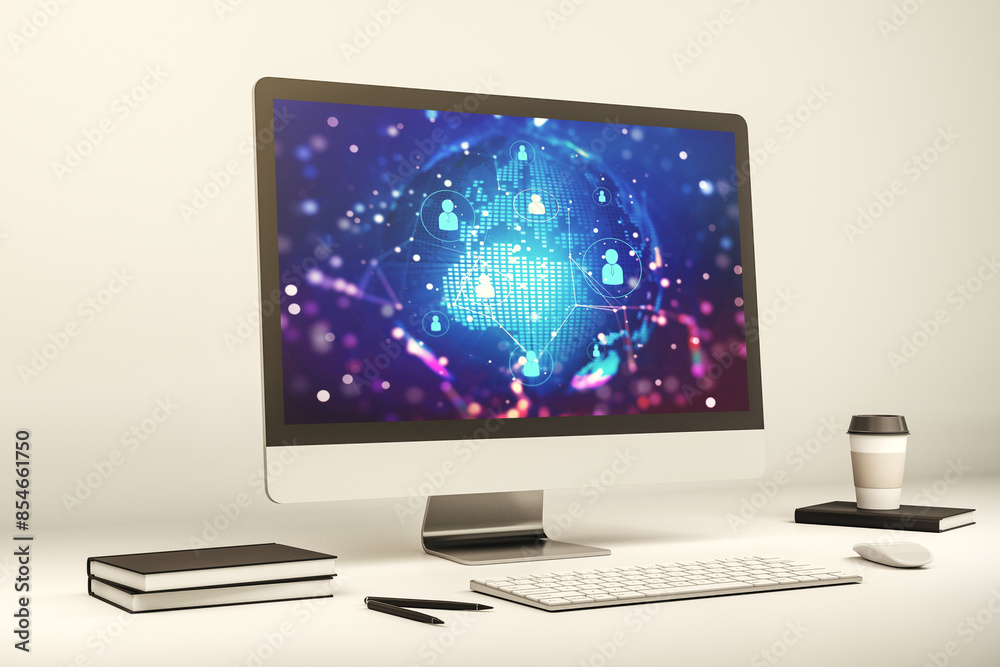 Leinwandbilder social network media concept with world map on modern computer monitor. 3d rendering