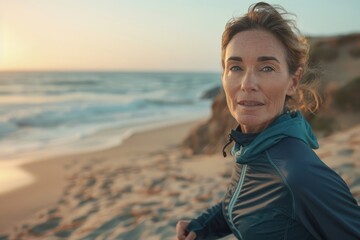 A woman in her mid-forties jogs along the sandy shoreline of a beach, looking towards the camera. The sunrise casts a golden glow over the scene, creating a vibrant and inspiring image