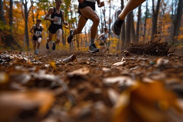 A group of determined high school cross country runners race through a forest during the fall season