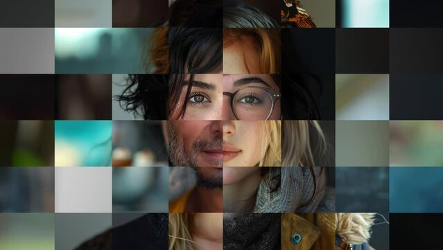 Fragmented portraits of people loopable animation, diversity concept, men and women looking into camera, front view