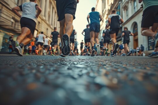 A low angle shot captures a group of runners participating in a city charity run. Their feet pound the pavement, a blur of motion as they race through the streets