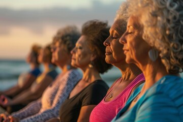 A group of multiracial senior women participate in a yoga session on a beach as the sun sets