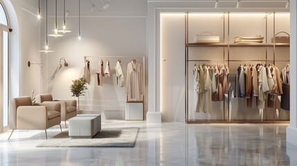 Modern fashion boutique interior with stylish clothing racks and elegant seating area. Sophisticated and luxurious store design.
