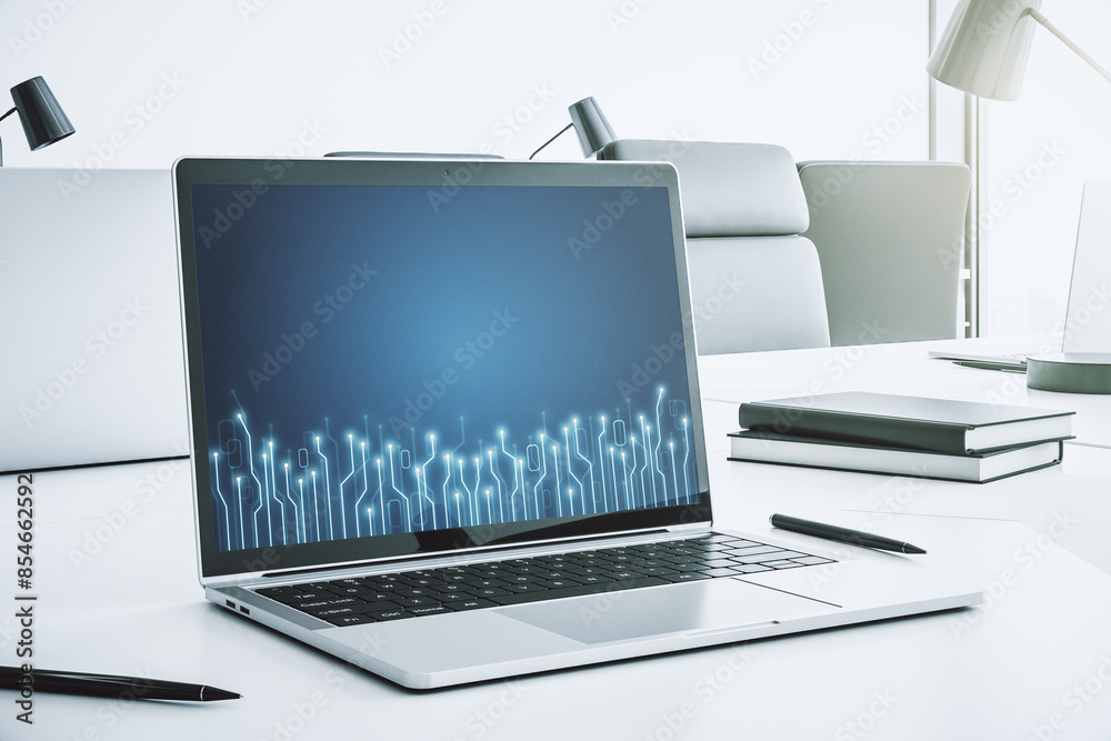 Fototapete Creative concept of microscheme illustration on modern laptop screen. Big data and database concept. 3D Rendering