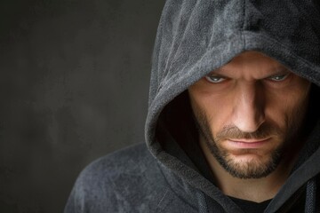 Close-up of a man wearing a dark hoodie, looking intensely at the camera with a fierce expression, set against a dark background.