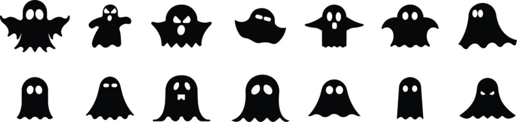 Ghost, phantom or apparition haunting Halloween black fill vectors icons Set for holiday apps and website. Simple spooky character. Scary ghostly monster Silhouette isolated on transparent background.