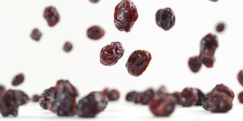 A cluster of raisins suspended in mid-air, captured in a split second