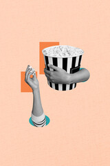 Vertical creative collage human hands hold popcorn bucket movie watch cinema filmshow eat delicious...