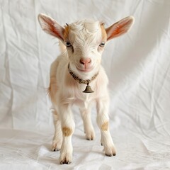 A baby goat with a tiny bell around its neck stand 6 2