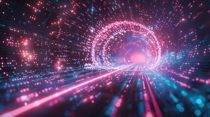 Fototapeta premium Futuristic Neon Tunnel with Glowing Lights - A captivating image of a futuristic neon tunnel with glowing pink and blue lights, creating a mesmerizing digital landscape.