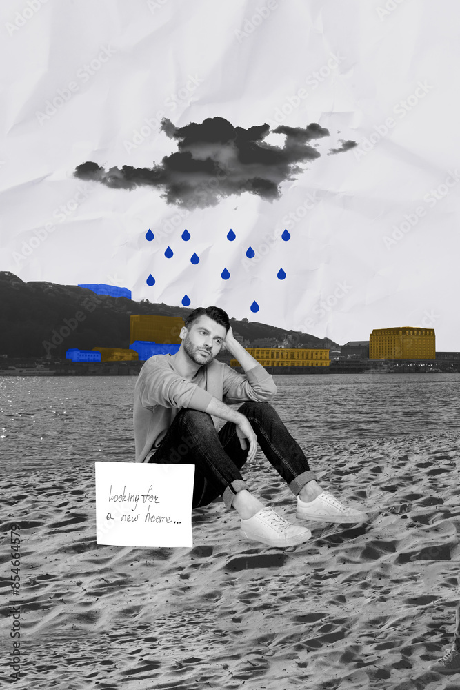 Canvas Prints Vertical composite collage picture of sad guy sit sand looking for a new home rainy cloud isolated on creative background