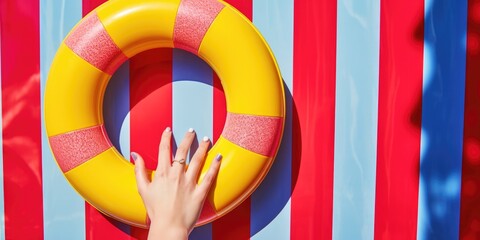 Obraz premium A woman's hand grasping a life ring, possibly in a rescue or aquatic context