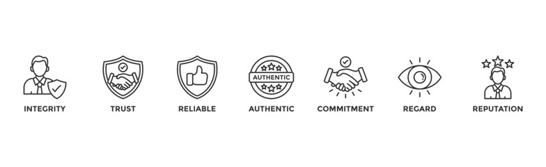 Credibility banner web icon with icon of integrity, trust, reliable, authentic, commitment, regard, and reputation	