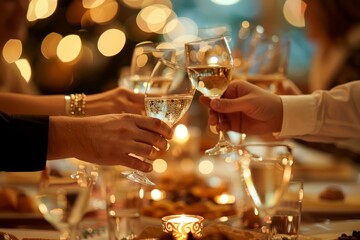 Close-up of hands clinking glasses at a holiday dinner celebration, captured in a dimly lit restaurant or banquet hall