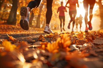 A close-up shot of the legs of a diverse group of runners jogging through a park path covered in autumn leaves