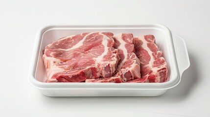 Raw pork meat on a plastic cutting board on a white surface