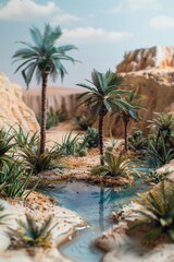 Fototapeta premium A desert oasis with a small pond and a few palm tr 66 1 palm, beach, tree, tropical, sea, ocean, sky, travel, nature, sand, island, palm tree, summer, vacation, water, landscape, palms, green, paradis