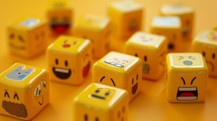 World emoji day with a funny emojis. Horizontal banner. A lot of yellow cubes with different emojis. Selection of mood, emotions. Yellow background. Free space for text, copy space