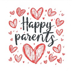 A cheerful Parents' Day greeting card design featuring colorful hearts and hand-lettered text. Perfect for celebrating and expressing love.