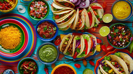 Fototapeta premium Festive Mexican Fiesta Table with Assorted Tacos and Colorful Decor 