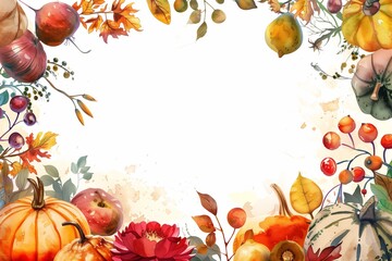 Watercolor illustration of autumn harvest items forming a decorative frame, featuring pumpkins, leaves, and berries. Ideal for seasonal greetings, invitations, and decor projects.