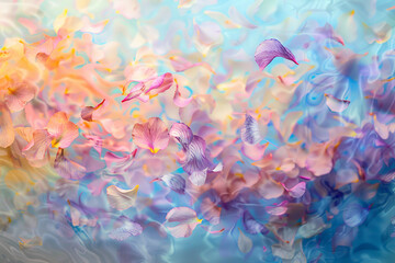 beautiful pink and purple flower petals falling, swirling in the wind, soft pastel glowing light, blue background