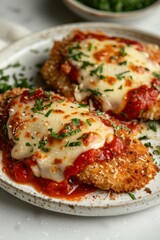 A plate of chicken Parmesan with marinara sauce 