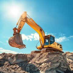 A yellow excavator on a construction site under a blue sky, showcasing heavy machinery and industry. Ideal for industrial, construction, and engineering projects.