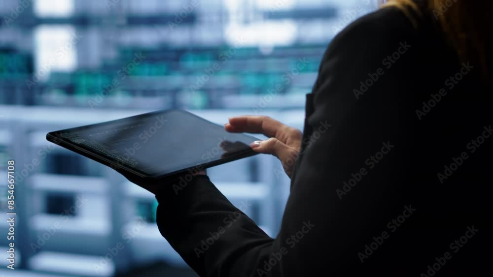 Poster system administrator monitoring server room, doing checkup, inputting data on tablet of needed fixes