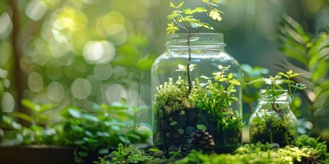 A glass jar filled with plants sits on a table
