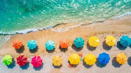 Aerial view of a sandy beach at the sea with colourful sunshades