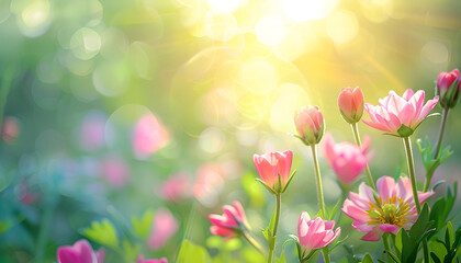 pink cosmos flower in the rays of the setting sun in a country garden in summer