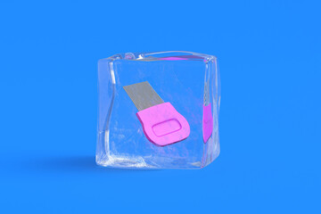 Comb for lice and nits in ice cube. 3d illustration