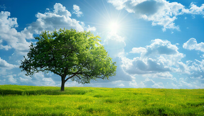 Obraz premium big green tree on spring meadow over blue cloud sky and sun shine