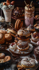 Naklejka premium A sumptuous display of assorted gourmet desserts and pastries, including milkshakes, doughnuts, macarons, and layered cream puffs.