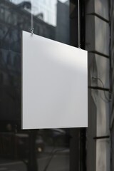A white sign hanging from the side of a building